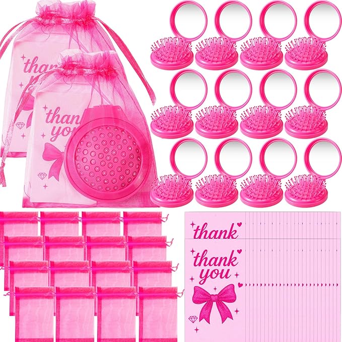 24 Sets Women's Day Gifts with Folding Travel Mirror Hair Brush with Organza Bags Cards Mini Round Mirror Pocket Brush for Girls Women Hot Pink Makeup Mother's Day Gifts