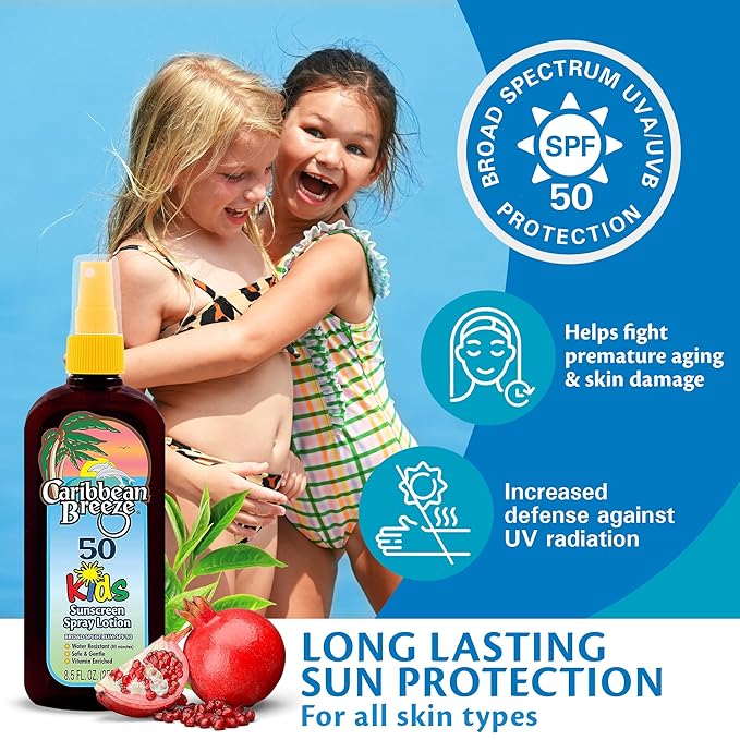 Caribbean Breeze Kids Sunscreen Spray SPF 50, Lotion Sunblock Spray, Sunscreen for Kids & Toddlers, with Green Tea & Pomegranate Extracts, Non-Aerosol Pump for Face & Body, Water Resistant, 8.5 oz