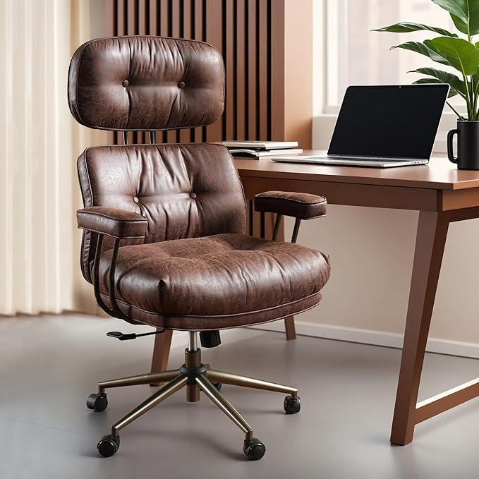 ovios Ergonomic Office Chair, High Back Faux Leather Executive Chairs with Thick Cushion, Comfy Mid-Century Modern Swivel Rolling Computer Armchair (Dark Brown, Suede Leather)