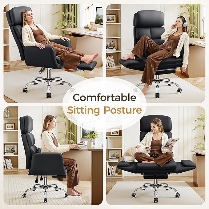 Big and Tall Office Chair 500LBS, Ergonomic High Back Leather Executive Chair, Reclining Swivel with Adjustable Armrests Lumbar Support Footrest, Cross Legged, Black
