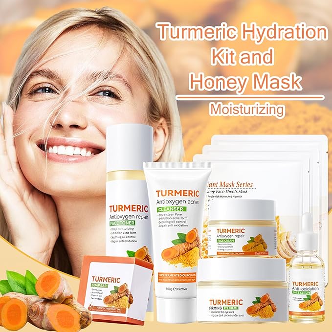 Turmeric Skin Care Set,9 Pcs Turmeric Skin Care Kit with 3 Honey Sheet Masks,Turmeric Soap Bar,Face Wash,Toner,Face Serum,Face Moisturizer Cream,Eye Cream