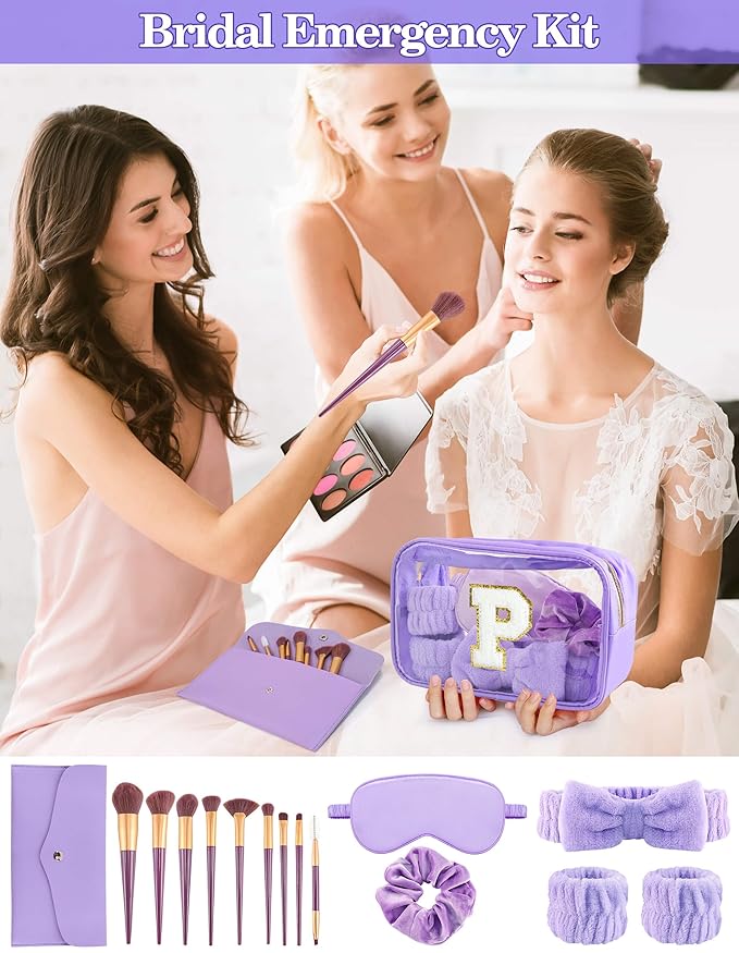 Gift Sets for Women, Initial Makeup Bag with Makeup Brush Set Bachelorette Party Favors, Purple Spa Kit with Skincare Headbands Wrist Bands Sleepover Party Supplies Gifts for Teen Girls Bridesmaid P
