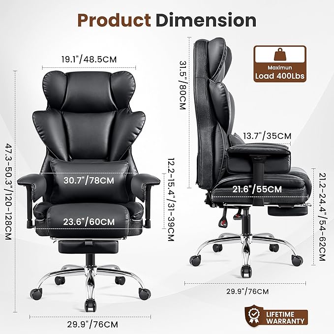Big and Tall Office Chair - Heavy Duty 400 LBS Executive Chair with Foot Rest, High Back Ergonomic Desk Chair, Padded Wide Seat Gaming Chair, Adjustable Armrests, Black 2 Pack