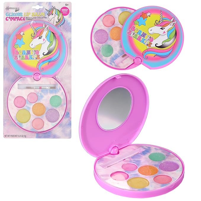 Girl Glitter Lip Balm Compact - Fruit Flavored Gloss Safe Non-Toxic Set Girls Gift, Kids Makeup Favor, Travel Size Cosmetic Assortment