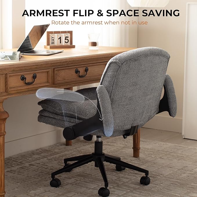 Dowinx Criss Cross Chair with Adjustable Flip-up Arms and Wheels, Comfort Ergonomic Office Desk Armchair with 3 Layer Cushions, Wide Seat Vanity Chair for Home Office, Living Room, Bedroom, Gray