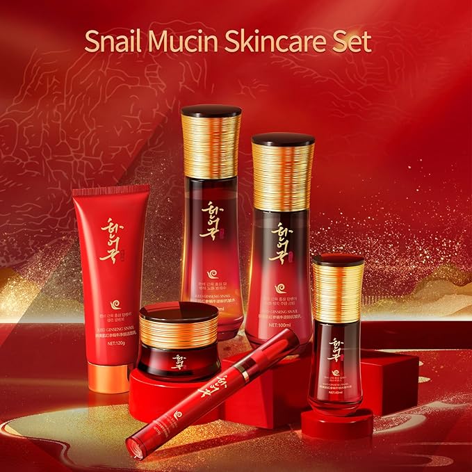 Red Ginseng Snail Skincare Set for Women & Men, 6-Piece Anti-Aging Facial Care Kit with Toner, Emulsion, Essence, Cleanser, Face Cream & Eye Serum – Daily Hydrating Gift Set