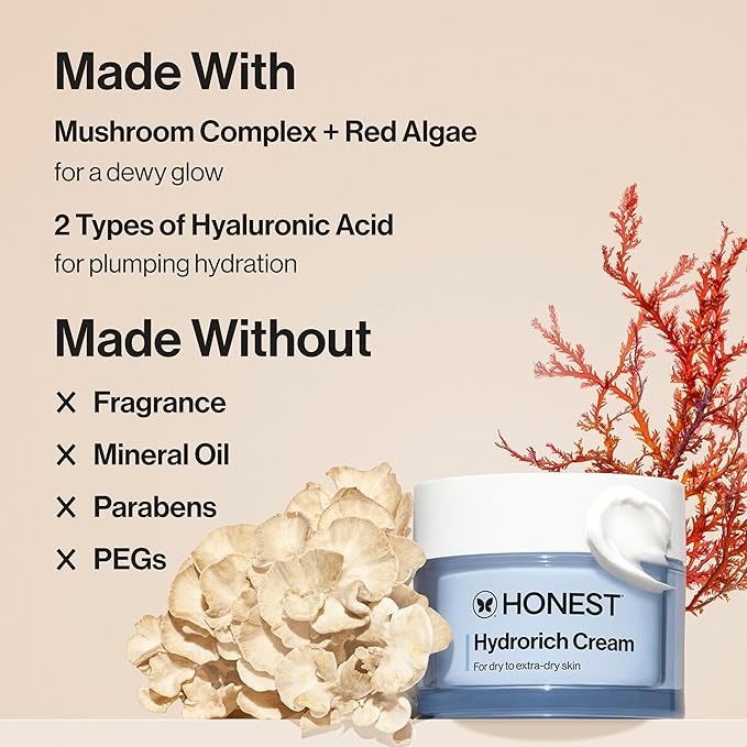 Honest Beauty Hydrorich Cream with Hyaluronic Acid + Mushroom Complex, Clinically Tested for Dry Skin, Dermatologist Tested, Hypoallergenic, Vegan, EWG Verified