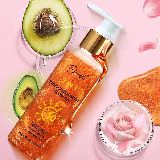 Sunscreen Body Glow Oil, Broad Spectrum SPF 50, Sun Shield, Lightweight Shimmering Gel Texture Absorbs Quickly, Non Sticky, Glowing Results, Rose Gold 4.06 fl oz