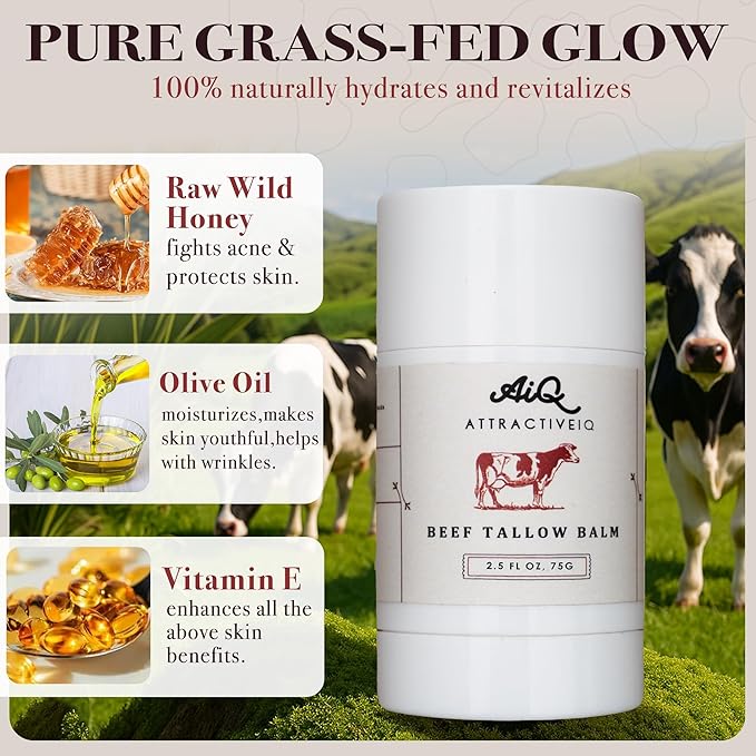 Beef Tallow Moisturizer for Skin – New Zealand Grass Fed Tallow Balm Stick with Vitamin E, Raw Honey & Olive Oil – Natural Face & Body Moisturizer for Dry, Sensitive Skin 2.5oz