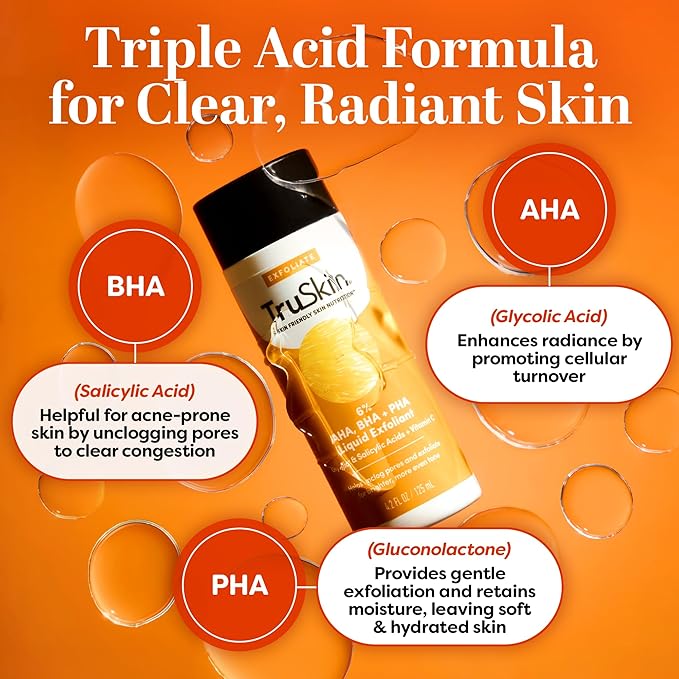 TruSkin BHA Liquid Exfoliant & Toner for Face - Triple Acid AHA BHA PHA Exfoliator with Salicylic, Glycolic Acid & Vitamin C - Improves Look of Tone & Texture, Unclogs Pores, 4.2 fl oz