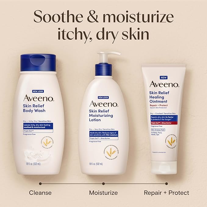 Aveeno Skin Relief Moisturizing Lotion Heals Very Dry, Sensitive Skin, Fast-Absorbing Body Lotion with Soothing Triple Oat & Shea Butter Formula, Fragrance Free, Non-Comedogenic, 12 fl. oz