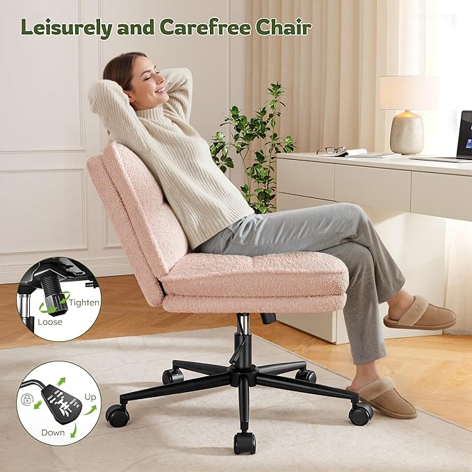 Criss Cross Chair with Wheels, 7" Extra Thick Cross Legged Office Chair, Height Adjustable Swivel Design for Home Office, Study & Vanity,Pink