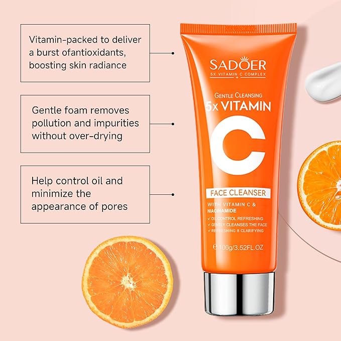 5X Vitamin C Face Cleanser 100g Niacinamide & Hyaluronic Acid, Gentle Pore Refining Daily Wash for Oily &Dull Skin,Clear,Oil Balancing, Popular Skincare Gift Women