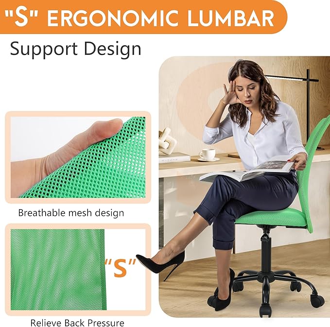 FDW Home Office Chair Mid Back Mesh Desk Chair Armless Computer Ergonomic Task Rolling Swivel Chair Back Support Adjustable Modern with Lumbar Support (Pack of 2, Green)