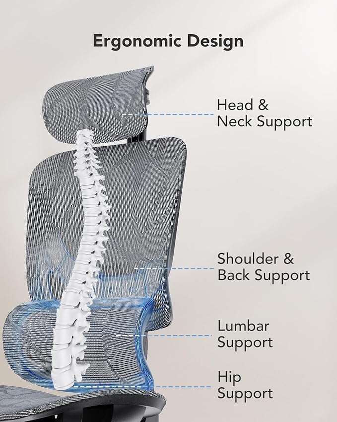 HUANUO Ergonomic Mesh Office Chair with 5-Level Lumbar Support, Computer Gaming Chair with Adjustable Headrest & Armrests, Rocking Tilt, Comfortable High Back Desk Chair for Home Office