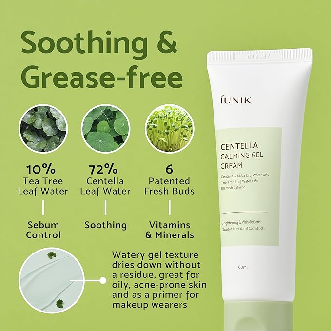 IUNIK Centella 70% Calming Gel Cream Vegan Non-Sticky Moisturizing Blemish Care w/Centella Asiatica Tea Tree 10% Soothes Acne Rosacea Oily & Sensitive Skin Korean Skincare BOGO 1+1