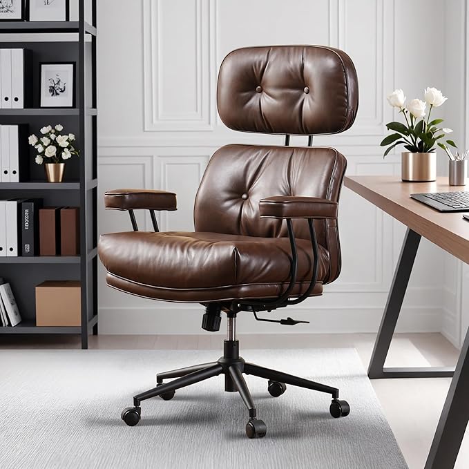 HOOOWOOO Mid Century Modern Ergonomic Office Chair, Comfy Executive Chair with Extra Wide Tufted Cloudy Seat, Lumbar Support, High Reclining Back, PU Leather Dark Brown