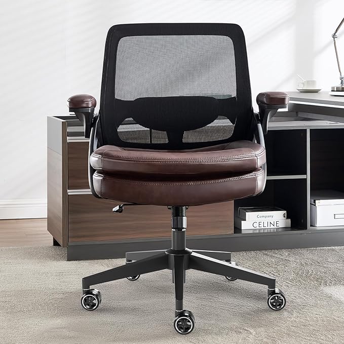 Big and Tall Office Chair, 500lbs Mesh Heavy Duty Ergonomic Desk Chair with Flip-up Armrests, Plus Size Wide Seat in PU Leather, 360 Swivel Computer Executive Task Chair for Home Office (Brown)