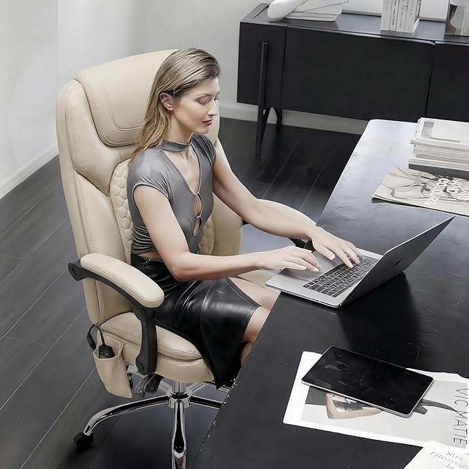 Massage Office Chair Set of 2 with 3-Level Heat and Footrest – 20-Min Easy Assembly, 300 lbs Big and Tall Desk Chair, PU Leather Ergonomic Executive Computer Chair with Side Pocket, Beige