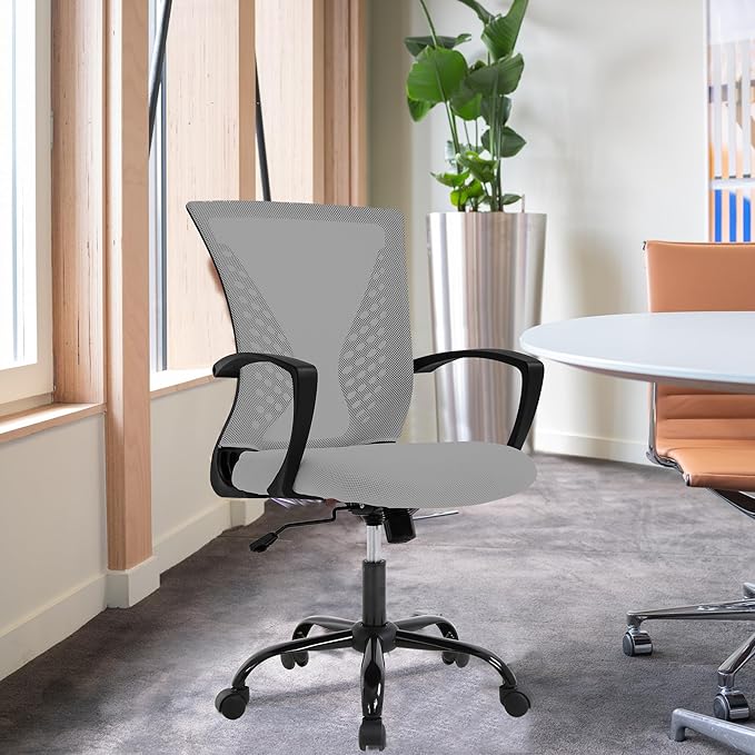 FDW Home Office Chair Mid Back PC Swivel Lumbar Support Adjustable Desk Task Computer Ergonomic Comfortable Mesh Chair with Armrest (Grey)
