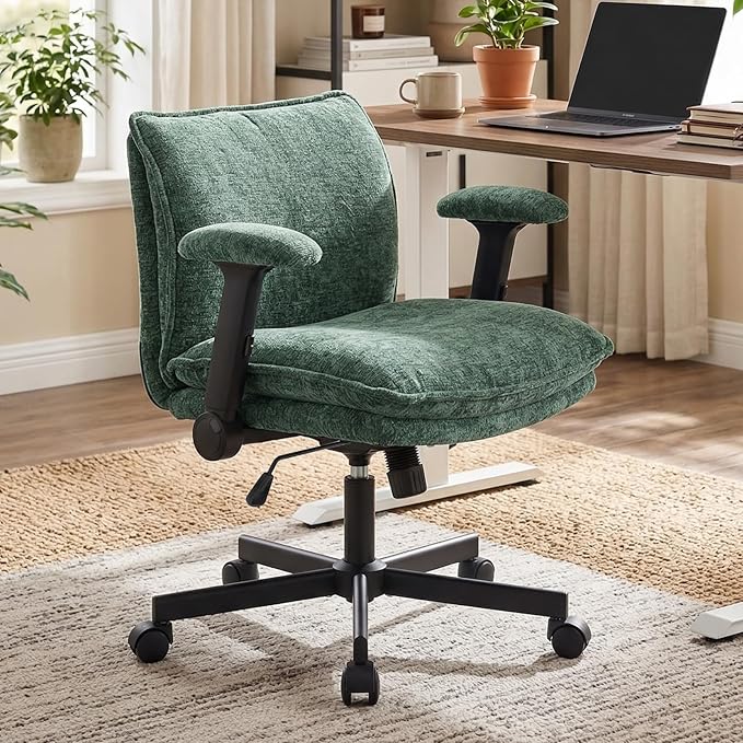 Cross Legged Office Chair, Height Adjustable Swivel Desk Chair with Flip-Up Arms, Padded Criss Cross Chair for Home Office & Bedroom