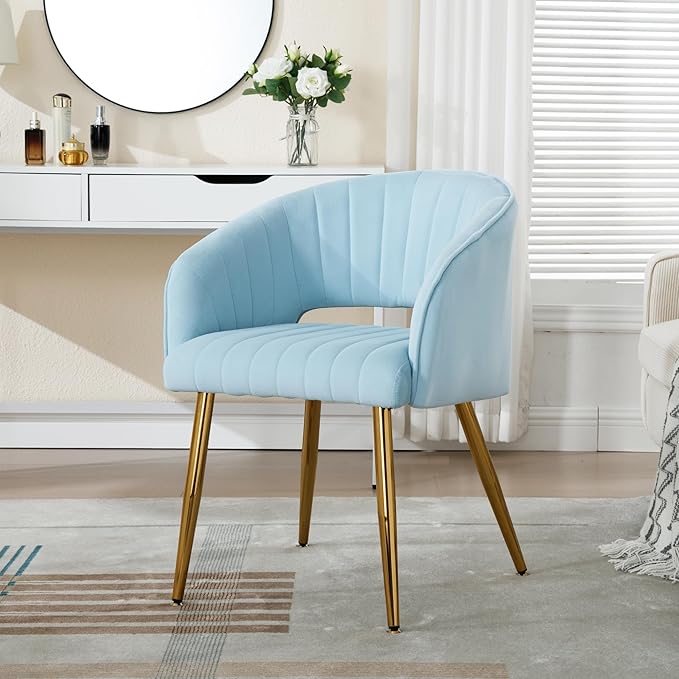 Modern Velvet Vanity Chair, Home Office Desk Chair with Hollow Back, Upholstered Dining Chair with Gold Metal Legs, Comfy Accent Armchair for Living Room Bedroom, Light Blue