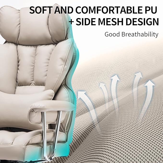 Efomao Big and Tall Office Chair 400lbs – PU Leather Executive Office Chair with Lumbar Support & Leg Rest, Heavy-Duty Computer Chair for Home Office, Grey