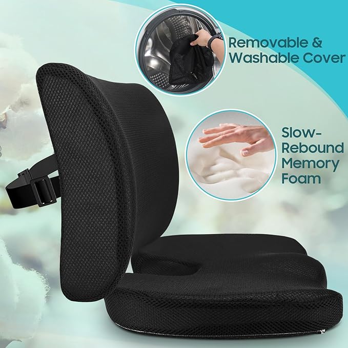 Gugxiom Lumbar Support Pillow, Memory Foam Seat Cushion, Office Chair Cushion and Back Support for Office Chair, Back Support Pillows with Adjustable Strap for Gaming Chair, Car Seat
