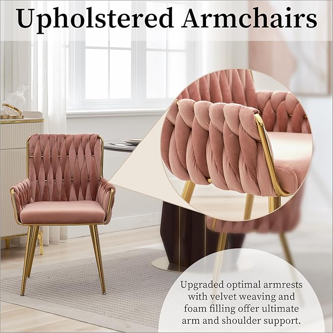 Westice Home Office Desk Chair, Upholstered Hand Weaving Desk Chairs with Golden Metal Legs & Armrest, Modern Accent Chairs for Living Room, Vanity Makeup Room, Rose Red