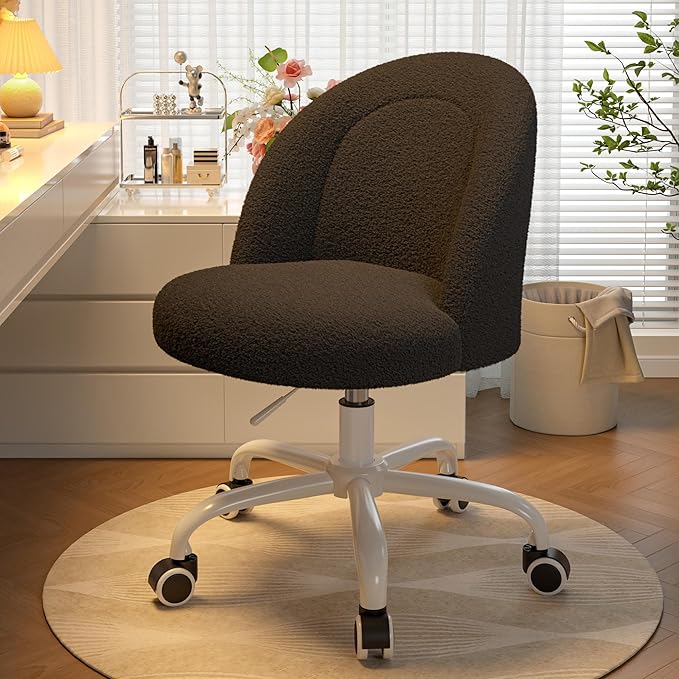 Vanity Chair with Back, Cute Desk Chair with Wheels, Armless Office Chair Height Adjustable, Soft Lumbar Support for Small Space, Bedroom, Black