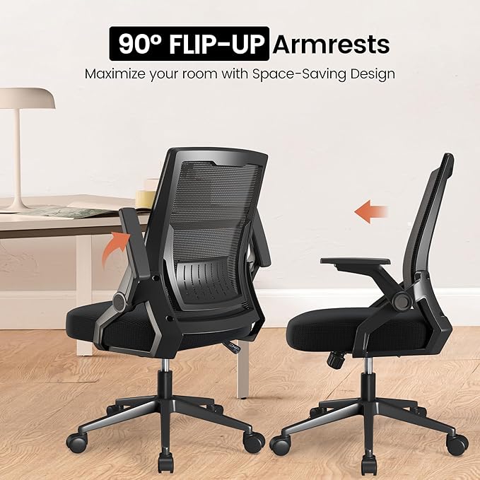 GTPOFFICE Ergonomic Office Chair, Computer Desk Chair Comfy with Adjustable Lumbar Support, Mid-Back Mesh Office Chair with Flip-up Armrest, Tilt Function Task Chair for Home, Bedroom, Gaming, Black