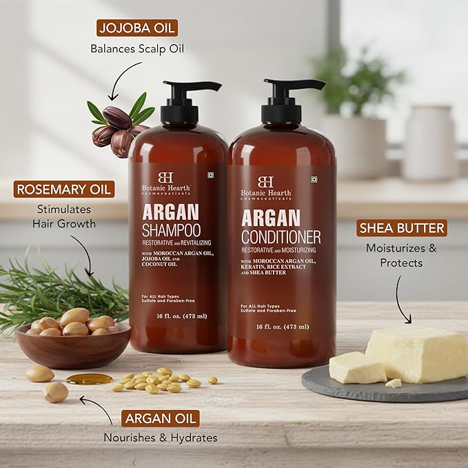 Botanic Hearth Argan Oil Shampoo And Conditioner Set | 16 Fl Oz Each With Keratin, Restorative & Moisturizing, Sulfate Free | All Hair Types & Color Treated Hair, Men And Women | (Packaging May Vary)