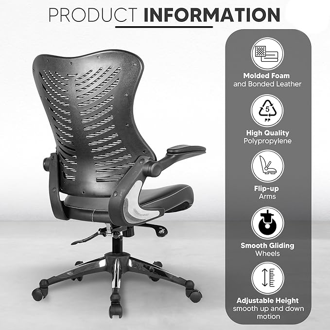 OfficeFactor Executive Ergonomic Computer Office Chair Back Mesh Bonded Leather Seat Flip-up Arms Lumbar Support Molded Foam Seat Adjustable Height Home Office Desk Chair (Black)