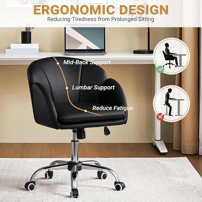 Yaheetech Cute Petal Desk Chair Home Office Chair Swivel Leather Desk Chair Makeup Vanity Chair with Armrests for Bedroom Modern Computer Rolling Chair for Women Black