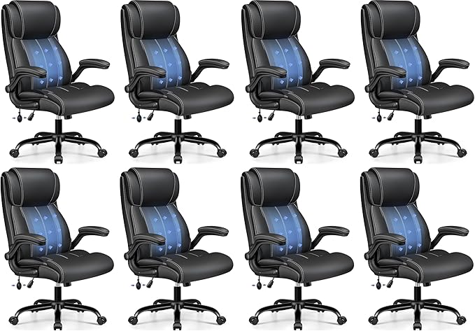 Ergonomic Office Chair - Desk Computer Chair, Leather High Back Executive Chairs with Adjustable Lumbar Support & Flip Up Arms, Black 8 Pack