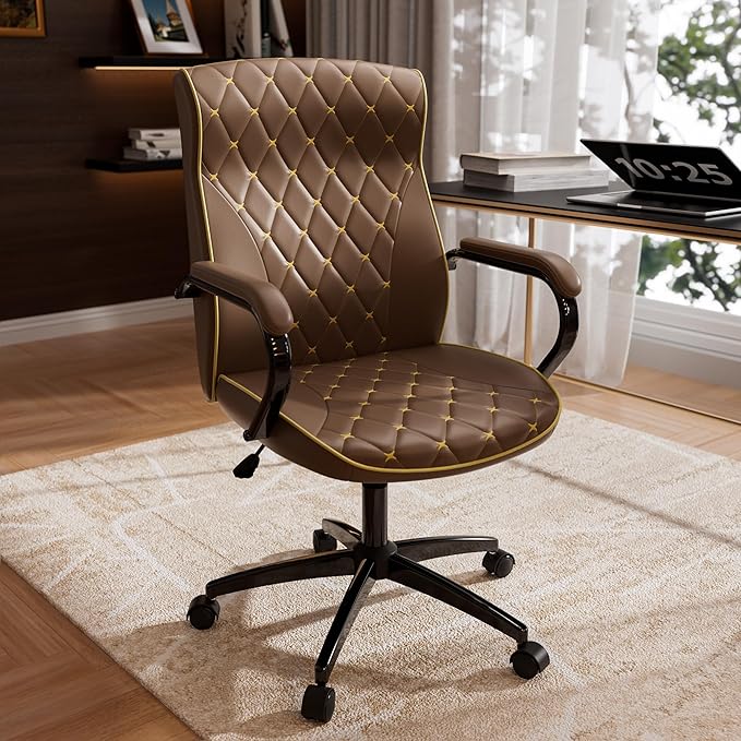 Brown Office Chair with Soft Leather Embroidery, Mid Back Vintage Swivel Executive Desk Chair with Wheels and Padded Arms, Adjustable Height