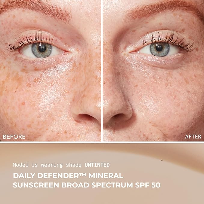 Daily Defender Broad Spectrum SPF 50 Mineral Sunscreen with Hyaluronic Acid, Vitamin C & Niacinamide (as Vitamin B3), Lightweight UVA & UVB Protection, Skin Care, Untinted