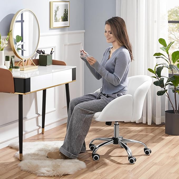 Yaheetech Cute Desk Chair for Home Office, Adjustable Vanity Chair Modern Upholstered Chair Swivel Rolling Task Chair with Armrests for Work, Study, Living Room, Bedroom, Snowy