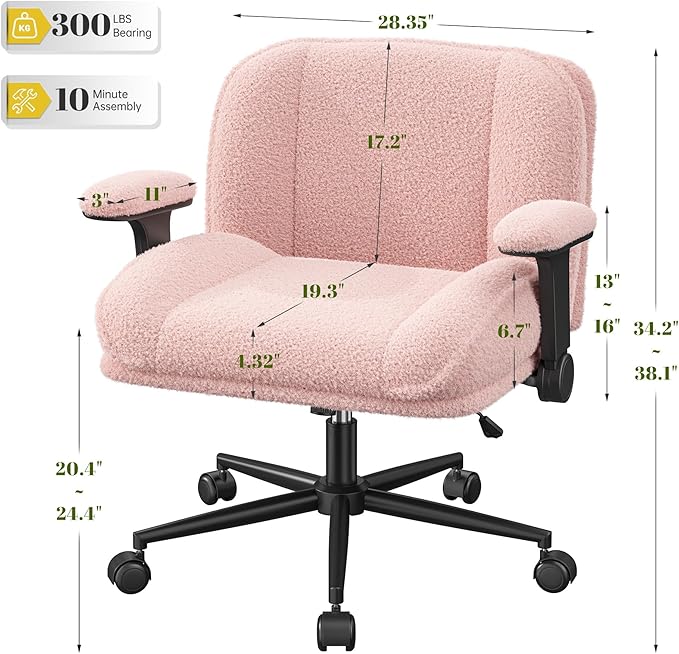 Cross Legged Office Chair with Flip-Up Arms,Oversized Criss Cross Chair with Wheels,Wide & Extra-Deep Seat Thickened for Home Office,Vanity, Bedroom,Apartment Dorms,Plush Cushion,Comfy,Pink
