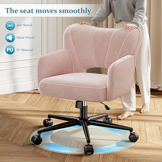 Vanity Chair with Wheels & Back,Pink Vanity Chair Adjustable Height Comfy Desk Chairs for Makeup, Work & Relaxation，Pink