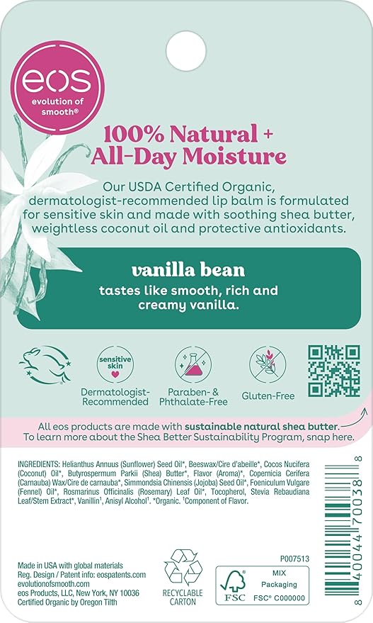 eos 100% Natural & Organic Lip Balm Sphere - Vanilla Bean, All-Day Moisture, Dermatologist Recommended for Sensitive Skin Care, Lip Care Products, 0.25 oz