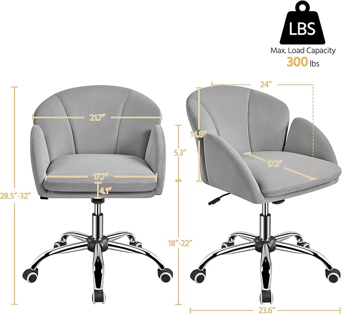 Yaheetech Cute Velvet Desk Chair for Home Office, Makeup Vanity Chair with Armrests for Bedroom Modern Swivel Rolling Chair for Women Light Gray