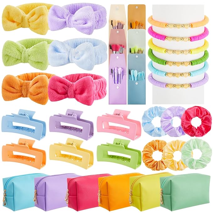 Zeyune 36 Pcs Gifts Sets Bulk for Tween Teen Women Preppy Party Favors Set Preppy Makeup Bag Hair Pin Scrunchies Headbands Bracelets Trendy Stuff Gift for Women Friend Birthday Present(Bright Color)
