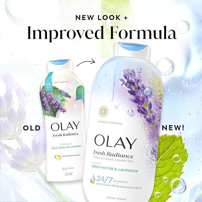 Olay Body Wash for Women, Fresh Radiance, 24/7 Skin-Loving Freshness, Visibly Radiant, Plant Based Cleansers, Vitamin B3 & Antioxidant Blend, For All Skin Types, Birch Water & Lavender Scent, 22 fl oz