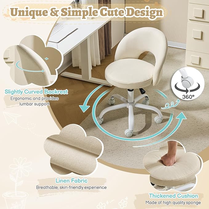 VINGLI Small Vanity Chair with Wheels for Girls.Cute Modern Adjustable Height Armless Office Desk Chair.360°Swivel Comfy Rolling Chair for Study, Make up Room,Small Space,Linen Light Yellow