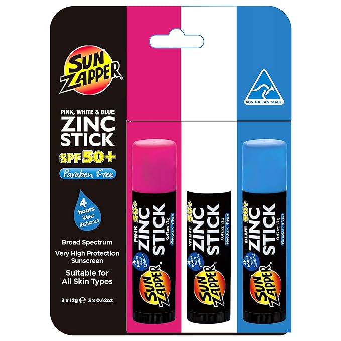 Sun Zapper Zinc Sunscreen Stick 3-Pack SPF 50+ Pink White Blue – Mineral Sunscreen Sticks for Face, Water Resistant Sunblock for Kids and Family, Travel Size 12g (0.42 oz), Australian Made