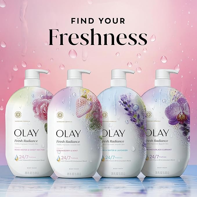 Olay Body Wash for Women, Fresh Radiance, 24/7 Skin-Loving Freshness, Visibly Radiant, Plant Based Cleansers, Vitamin B3 & Antioxidant Blend, For All Skin Types, Strawberry & Mint Scent, 35 fl oz
