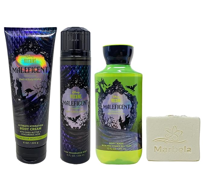 Bath & Body Works Disney Villains Collection Maleficent Trio Set - Body Cream Fragrance Mist and Body Wash - with a Natural Oats Bar Soap - Full Size