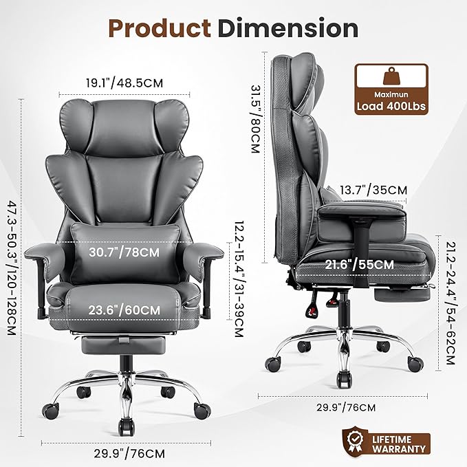 Big and Tall Office Chair - High Back Executive Chair with Footrest & Lumbar Support for Heavy People, Adjustable Arms, Padded Wide Seat Computer Gaming Chair, Gray 2 Pack