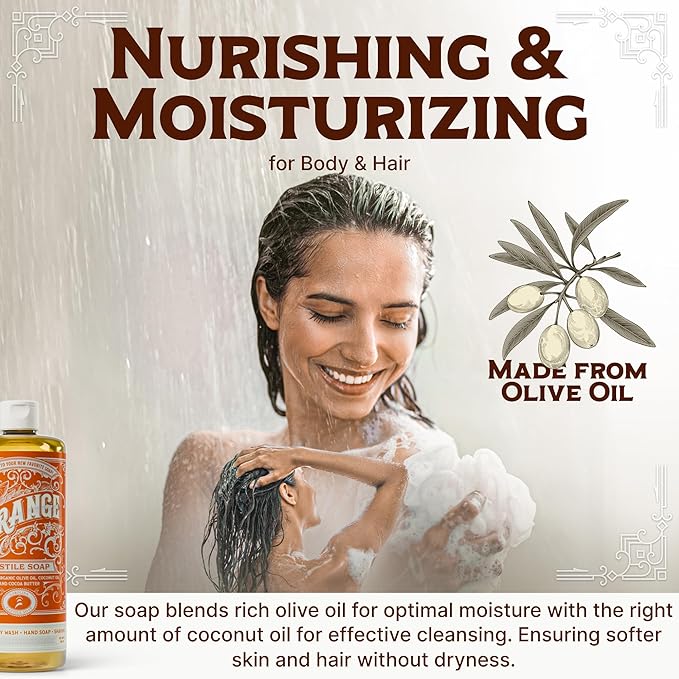 Carolina Castile Soap Orange Scent – Certified Organic Base, High Olive Oil Content, Non-Drying, Made with Organic Oils, Concentrated Natural Body Wash for Men and Women (Orange, 32 Fl Oz)